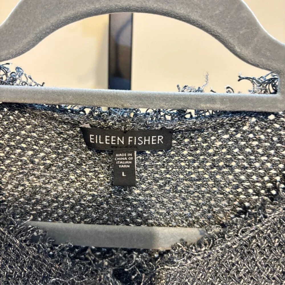 Eileen Fisher Linen Cotton Knit Snap Front Long Sleeve Fringe Cardigan Gray - Picture 2 of 8